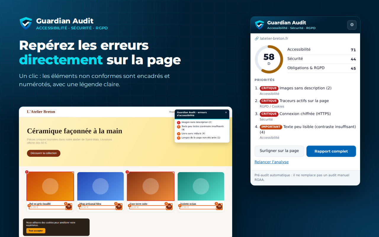 Aperçu : les erreurs d'accessibilité sont encadrées et numérotées sur la page, avec le score dans la fenêtre de l'extension
